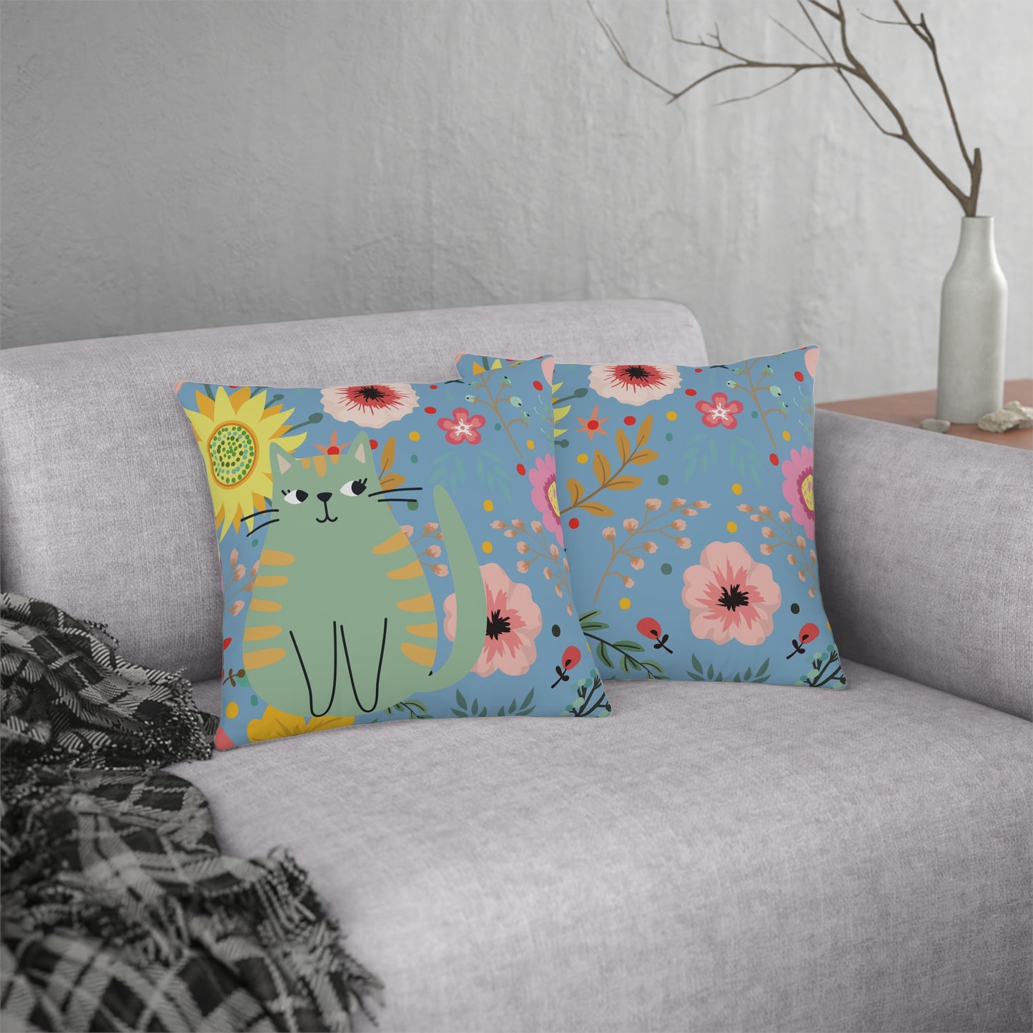 Cute Green Cat Flowered Waterproof Pillows/Cat Decor/Cute Home Decor