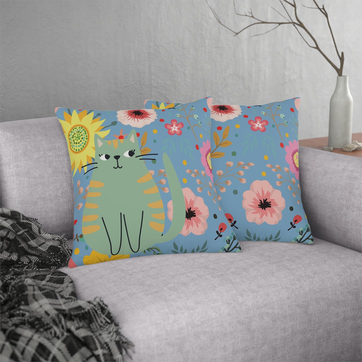 Cute Green Cat Flowered Waterproof Pillows/Cat Decor/Cute Home Decor