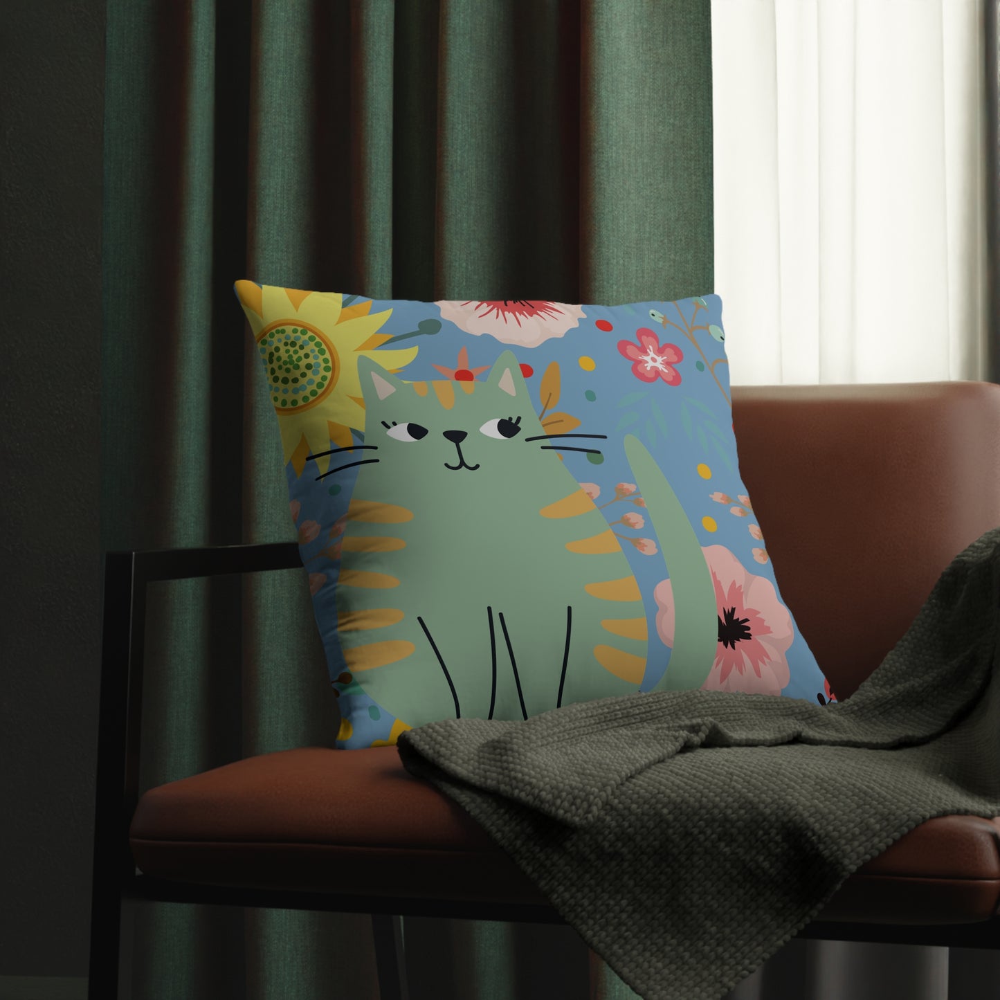 Cute Green Cat Flowered Waterproof Pillows/Cat Decor/Cute Home Decor