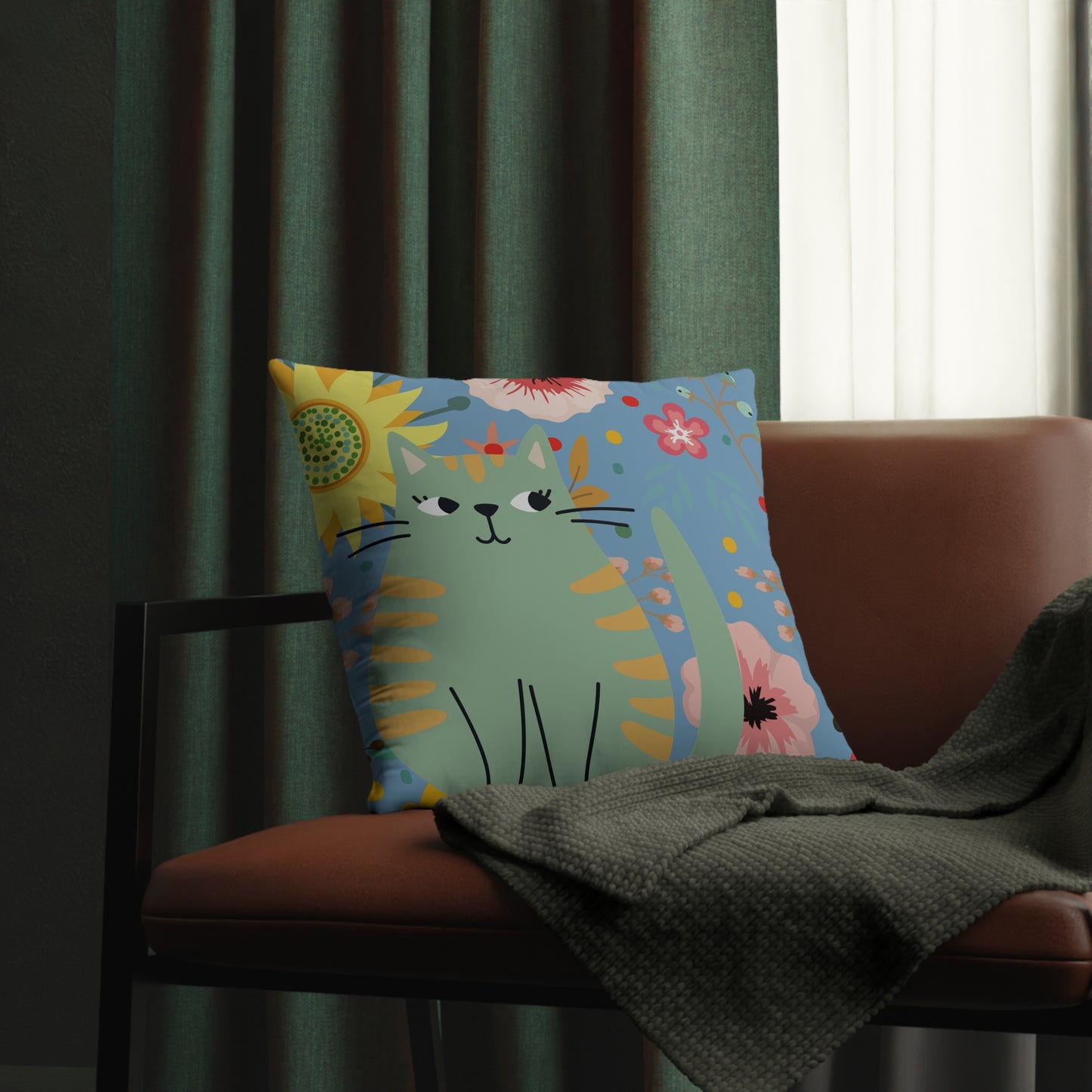 Cute Green Cat Flowered Waterproof Pillows/Cat Decor/Cute Home Decor